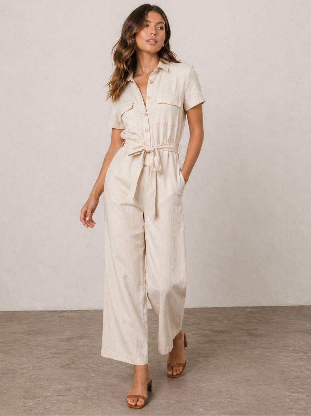 Rails Callie Beige Utility Jumpsuit Linen Tie Waist Button Front Medium
